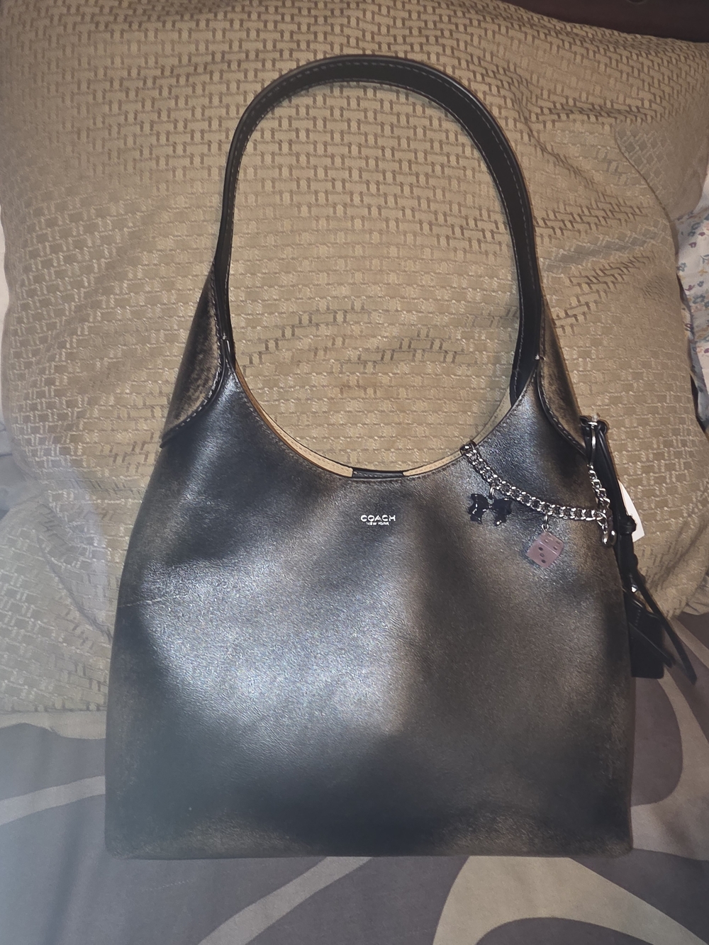 Coach Black Leather Shoulder Bag with Charm Accent